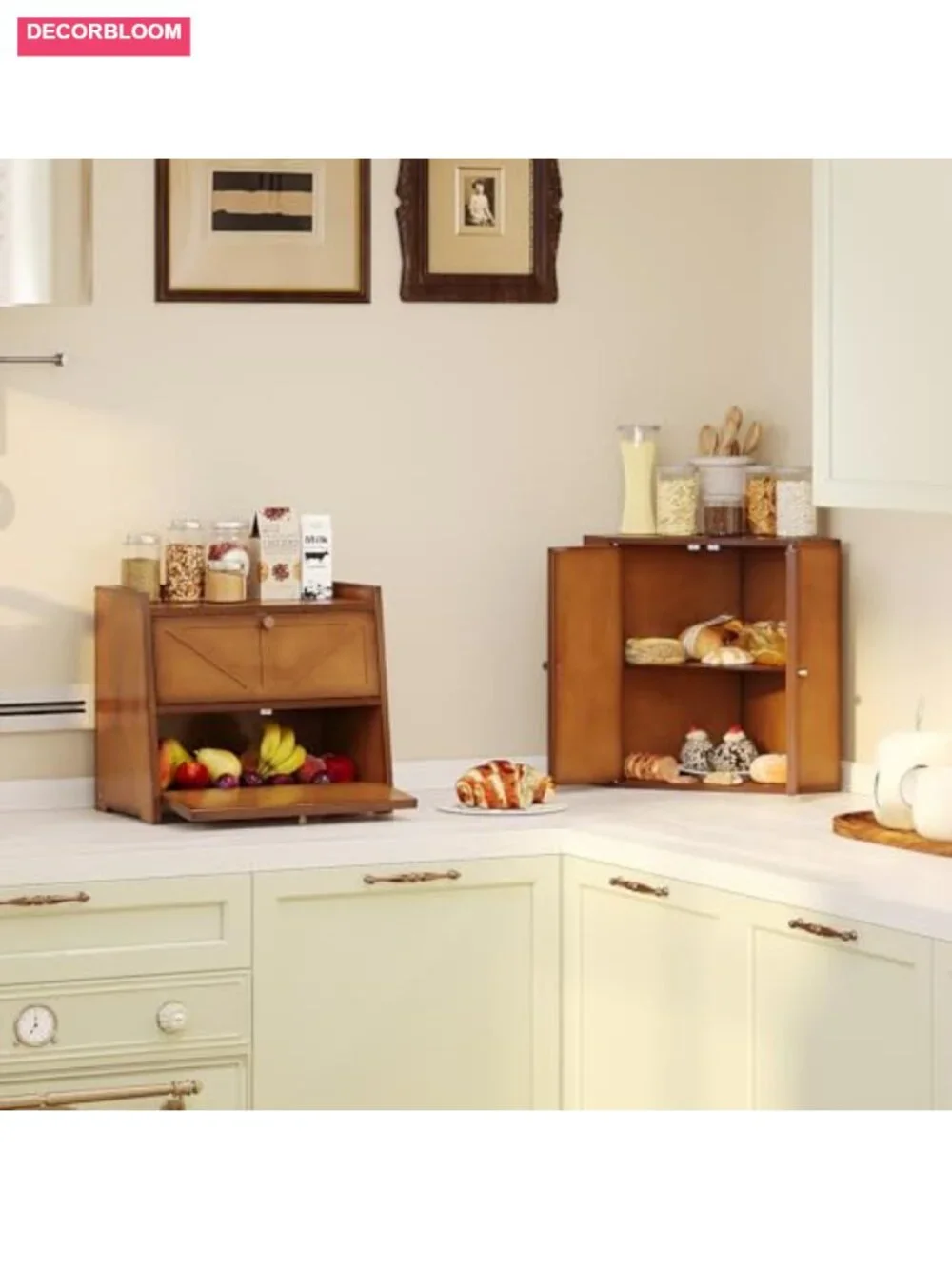 Large Bamboo Bread Box Double Layer Kitchen Counter Storage